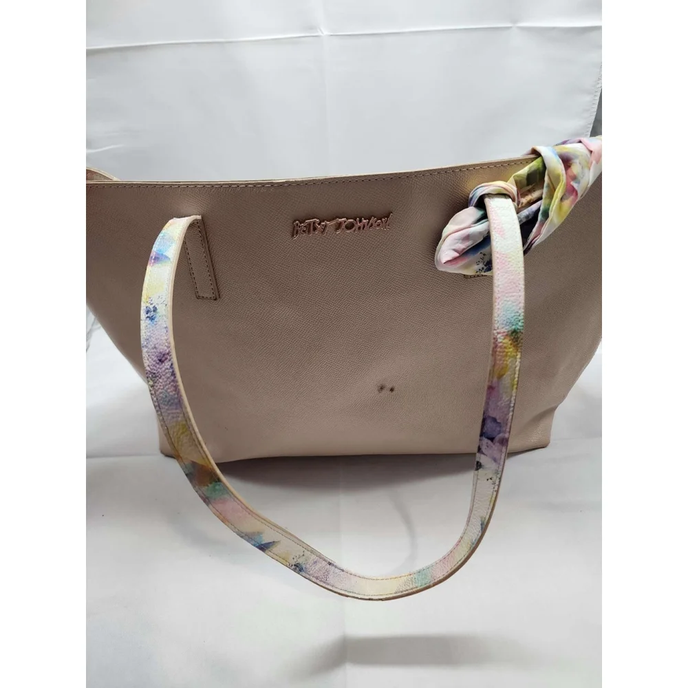 Betsey Johnson Tote Bag with Matching Wallet Floral Scarf Detail Nude Tan Used